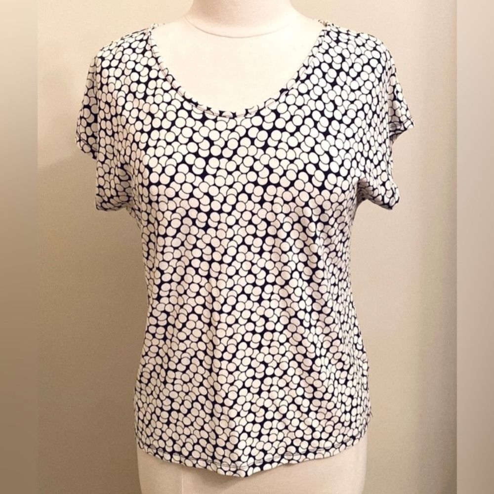 TALBOTS Black & White Circles Short Sleeve Scoop Neck Top SZ Large